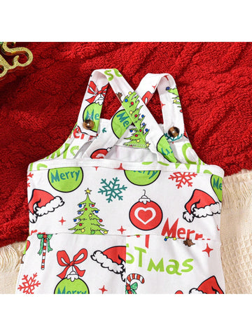 Girls Christmas Party Outfit Furry Trim Printed Flare Bib Overalls