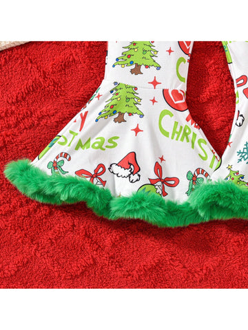 Girls Christmas Party Outfit Furry Trim Printed Flare Bib Overalls