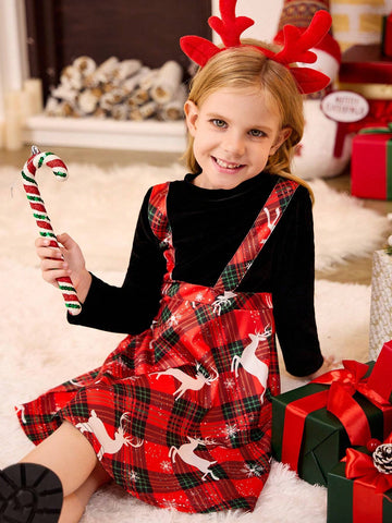 Girls Christmas Plaid Deer Print Splice Knit Dress, Autumn/Winter, Pinafore Style High Waist Adjustable Strap A-Line Dress, Mommy-And-Me