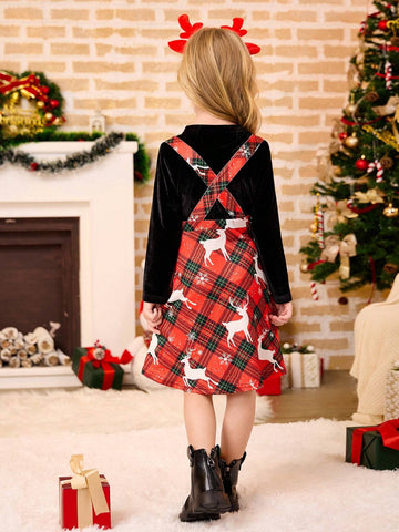 Girls Christmas Plaid Deer Print Splice Knit Dress, Autumn/Winter, Pinafore Style High Waist Adjustable Strap A-Line Dress, Mommy-And-Me