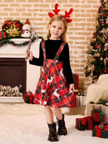 Girls Christmas Plaid Deer Print Splice Knit Dress, Autumn/Winter, Pinafore Style High Waist Adjustable Strap A-Line Dress, Mommy-And-Me
