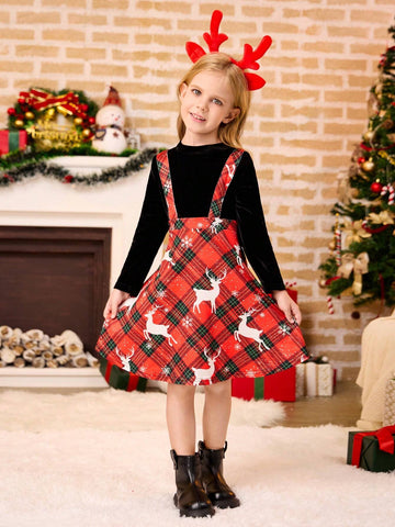 Girls Christmas Plaid Deer Print Splice Knit Dress, Autumn/Winter, Pinafore Style High Waist Adjustable Strap A-Line Dress, Mommy-And-Me