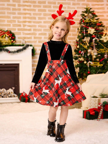 Girls Christmas Plaid Deer Print Splice Knit Dress, Autumn/Winter, Pinafore Style High Waist Adjustable Strap A-Line Dress, Mommy-And-Me
