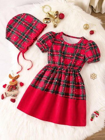 Girls Christmas Plaid Princess Dress With Hat - Red Plaid Dress