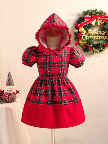 Girls Christmas Plaid Princess Dress With Hat - Red Plaid Dress