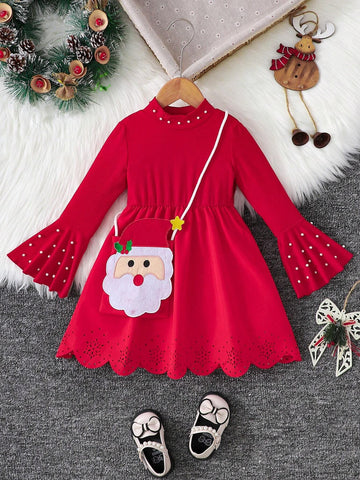 Girls Christmas Red Dress With Pearl Embellished Collar & Sleeves, Perforated Skirt Hem + Santa Claus Handbag