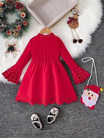 Girls Christmas Red Dress With Pearl Embellished Collar & Sleeves, Perforated Skirt Hem + Santa Claus Handbag