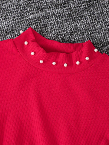 Girls Christmas Red Dress With Pearl Embellished Collar & Sleeves, Perforated Skirt Hem + Santa Claus Handbag