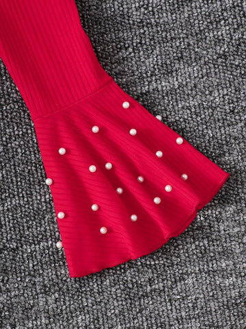 Girls Christmas Red Dress With Pearl Embellished Collar & Sleeves, Perforated Skirt Hem + Santa Claus Handbag