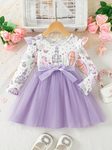Girls Christmas Red Elegant Round Neck Long Sleeve Festive Print Mesh Material Comfortable Dress