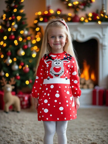Girls' Christmas Reindeer & Snowflake Fleece Printed Red Polka Dot Casual Pullover Sweatshirt Dress, Autumn/Winter New Collection, Leisure Outfit
