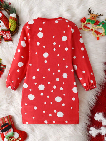 Girls' Christmas Reindeer & Snowflake Fleece Printed Red Polka Dot Casual Pullover Sweatshirt Dress, Autumn/Winter New Collection, Leisure Outfit