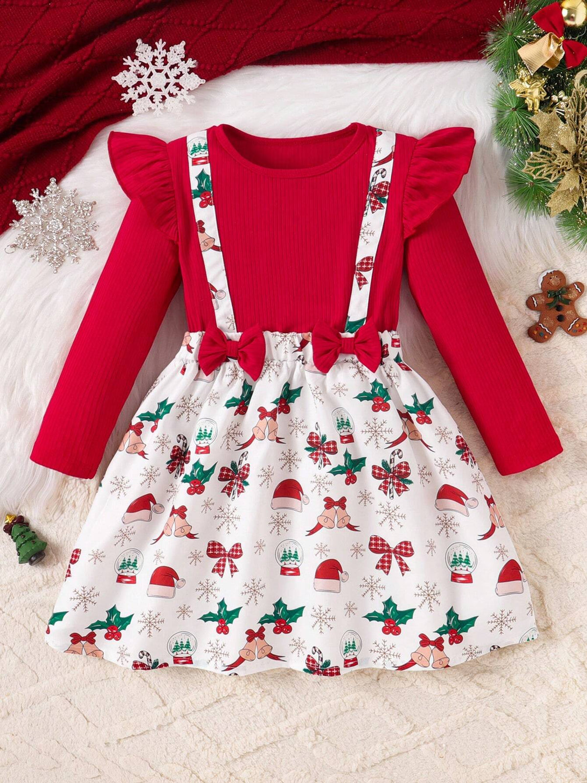 Girls' Christmas Ruffle Bow Dress With Snowman, Candy Cane, Christmas Tree Print, Holiday Outfit