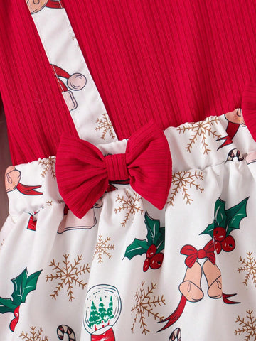 Girls' Christmas Ruffle Bow Dress With Snowman, Candy Cane, Christmas Tree Print, Holiday Outfit