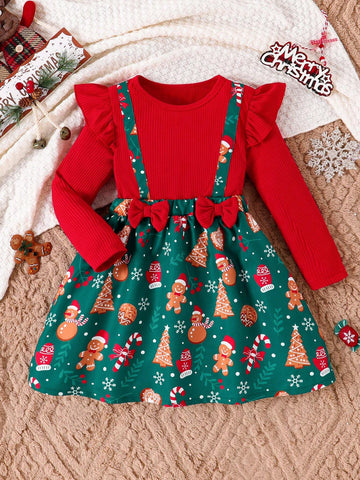 Girls Christmas Ruffle Bow Snowman Candy Cane Christmas Tree Print Dress