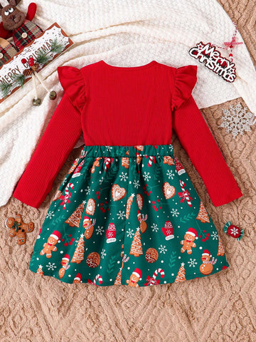 Girls Christmas Ruffle Bow Snowman Candy Cane Christmas Tree Print Dress