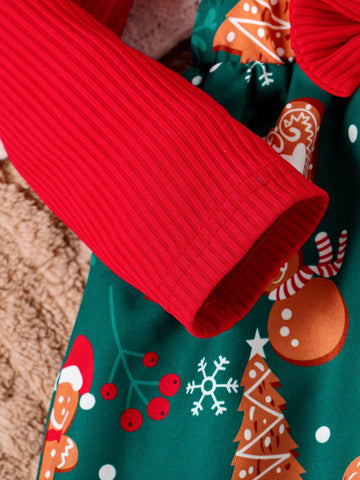 Girls Christmas Ruffle Bow Snowman Candy Cane Christmas Tree Print Dress