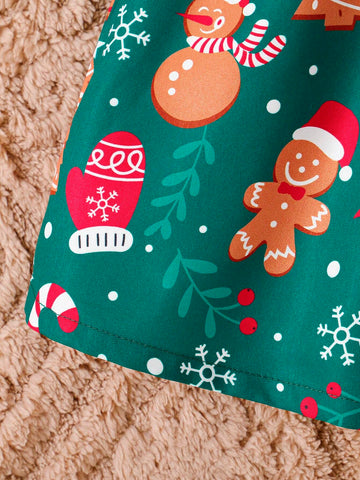 Girls Christmas Ruffle Bow Snowman Candy Cane Christmas Tree Print Dress