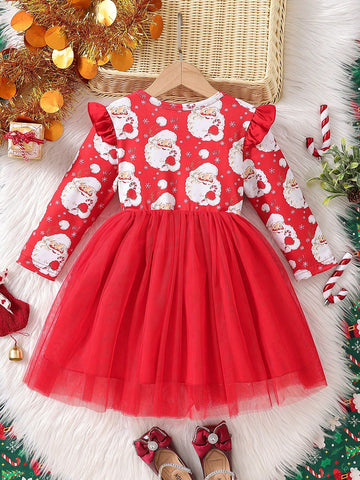 Girls' Christmas Santa Claus Print Mesh Tutu Skirt