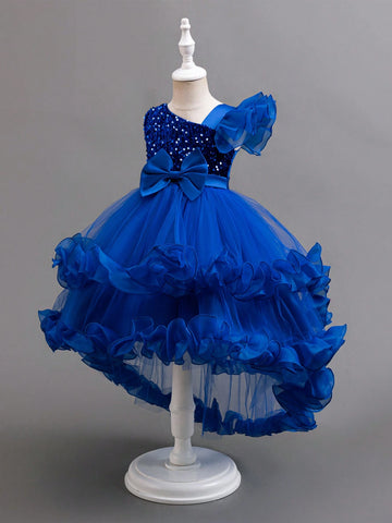 Girls Christmas Santa Dress, Halloween, New Year Party Wear, Piano Recital Performance Tulle Bowknot Cutout Back Ruffles Princess Gown, Partywear