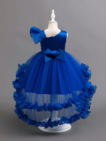 Girls Christmas Santa Dress, Halloween, New Year Party Wear, Piano Recital Performance Tulle Bowknot Cutout Back Ruffles Princess Gown, Partywear