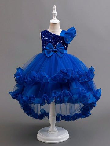 Girls Christmas Santa Dress, Halloween, New Year Party Wear, Piano Recital Performance Tulle Bowknot Cutout Back Ruffles Princess Gown, Partywear