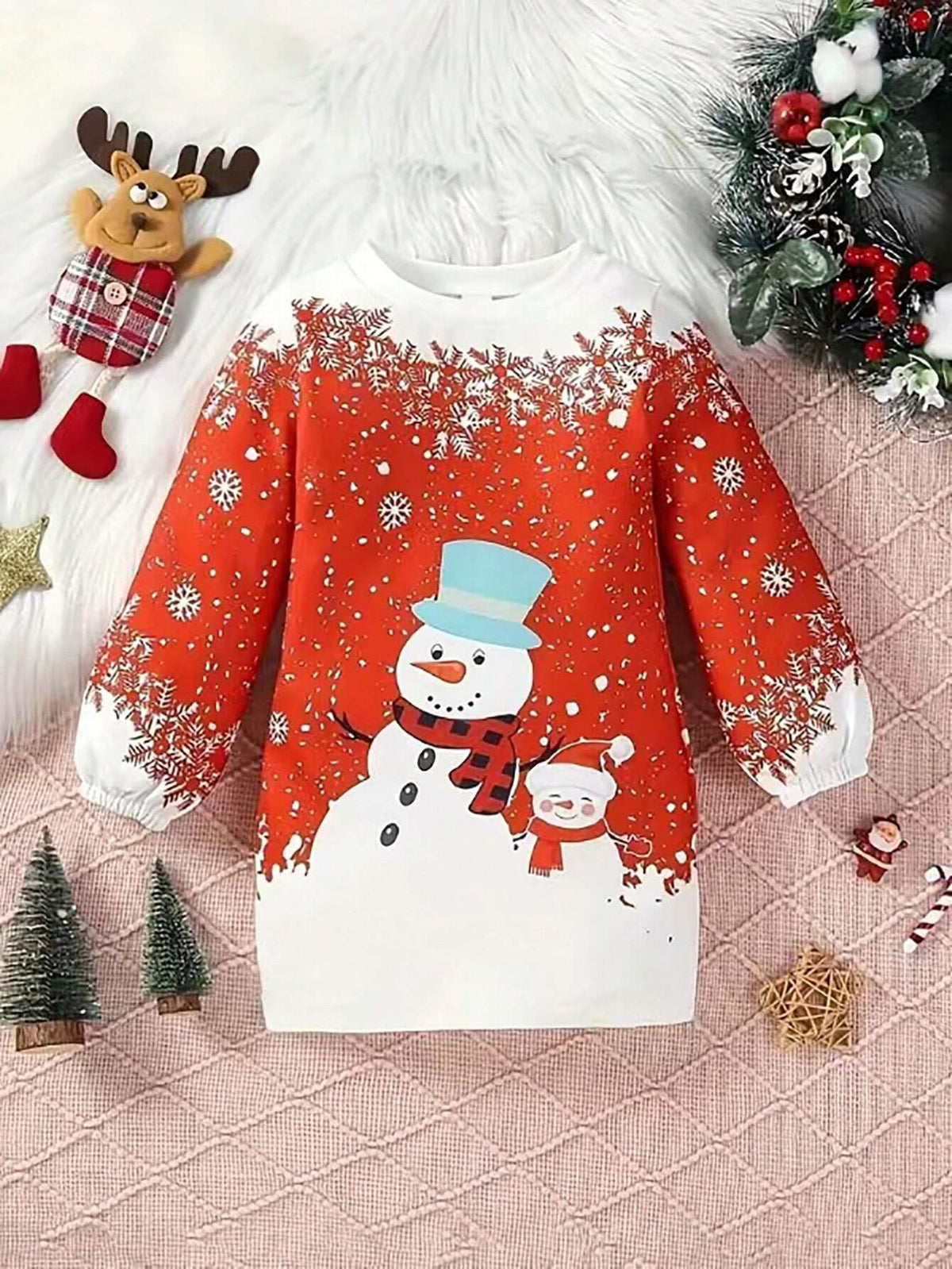 Girls Christmas Snowflake Digital Print Long Sleeve Dress, Autumn