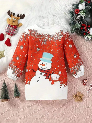 Girls Christmas Snowflake Digital Print Long Sleeve Dress, Autumn