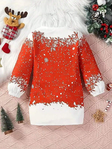Girls Christmas Snowflake Digital Print Long Sleeve Dress, Autumn