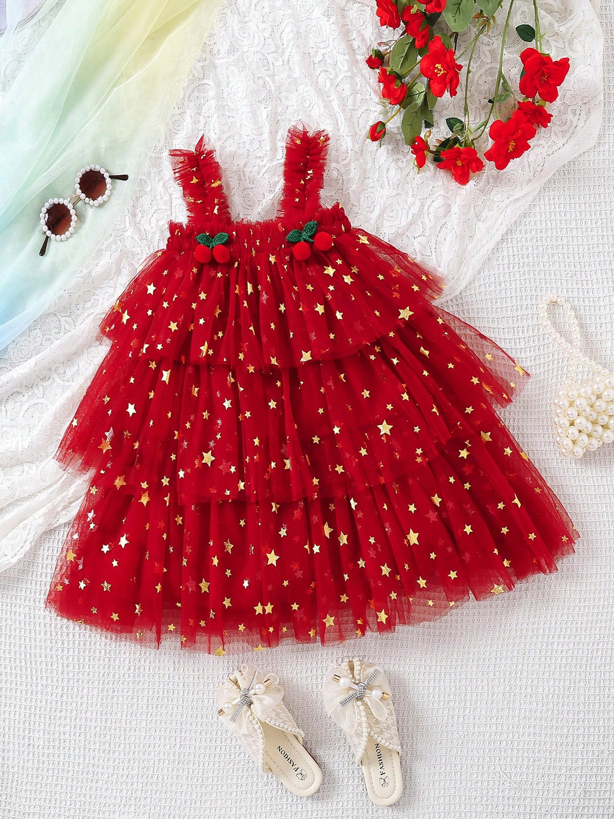 Girls Christmas Star & Cake Pattern Ruffle Mesh Skirt Cute Cami Dress, Summer