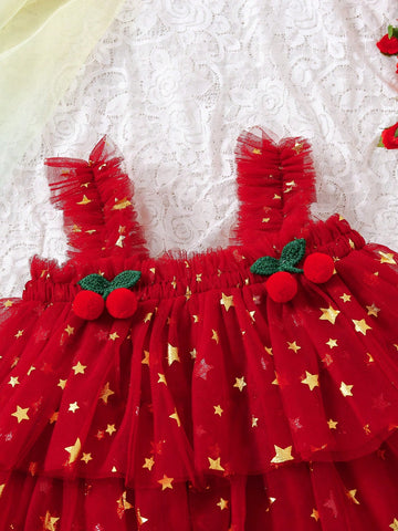 Girls Christmas Star & Cake Pattern Ruffle Mesh Skirt Cute Cami Dress, Summer