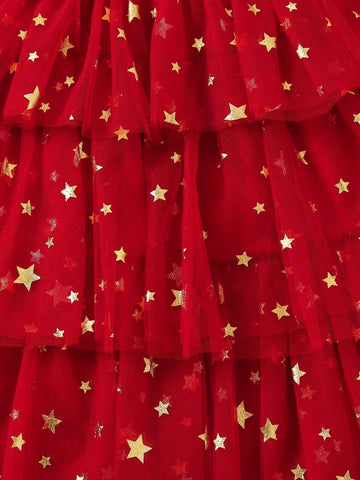 Girls Christmas Star & Cake Pattern Ruffle Mesh Skirt Cute Cami Dress, Summer