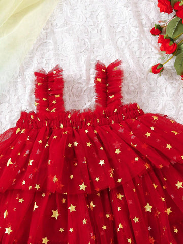 Girls Christmas Star & Cake Pattern Ruffle Mesh Skirt Cute Cami Dress, Summer