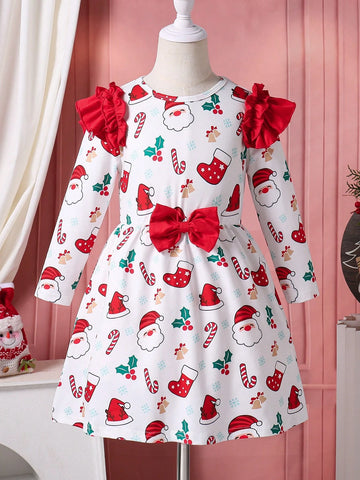 Girls Christmas Theme Princess Style Dress, Classic Red With White Fur Trim, Suitable For Winter Party And Holiday Gathering