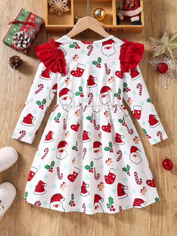 Girls Christmas Theme Princess Style Dress, Classic Red With White Fur Trim, Suitable For Winter Party And Holiday Gathering