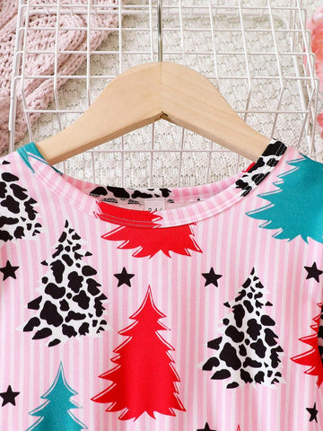 Girls' Christmas Tree Print Long Sleeve Dress, Suitable For Autumn/Winter, Christmas