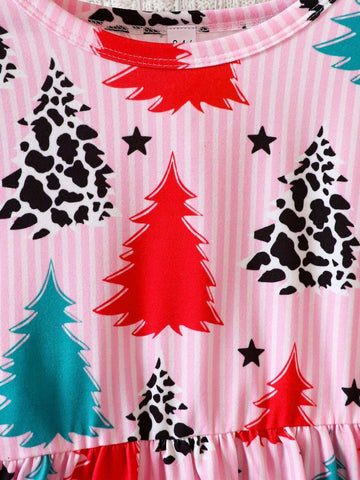 Girls' Christmas Tree Print Long Sleeve Dress, Suitable For Autumn/Winter, Christmas