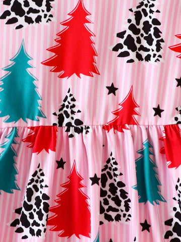 Girls' Christmas Tree Print Long Sleeve Dress, Suitable For Autumn/Winter, Christmas
