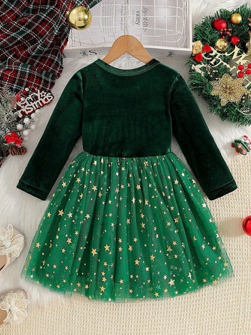 Girls' Christmas Velvet Cute Star Mesh Tulle Princess Dress