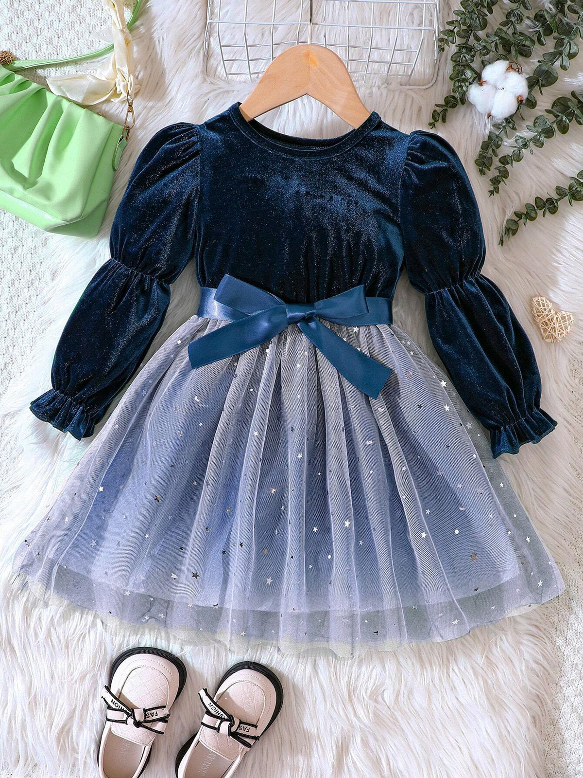 Girls Christmas Velvet Patchwork Star Mesh Holiday Princess Dress, Autumn/Winter