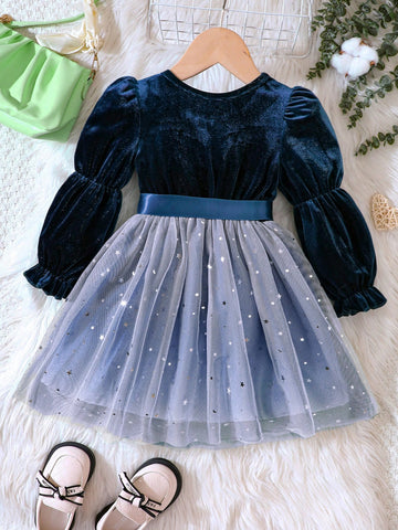 Girls Christmas Velvet Patchwork Star Mesh Holiday Princess Dress, Autumn/Winter