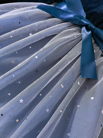 Girls Christmas Velvet Patchwork Star Mesh Holiday Princess Dress, Autumn/Winter