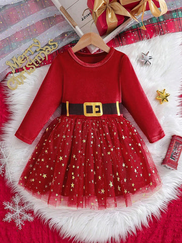 Girls Christmas Velvet Sweet Star Mesh Tulle Skirt