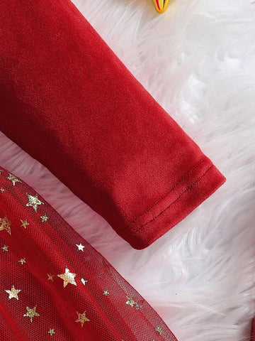 Girls Christmas Velvet Sweet Star Mesh Tulle Skirt