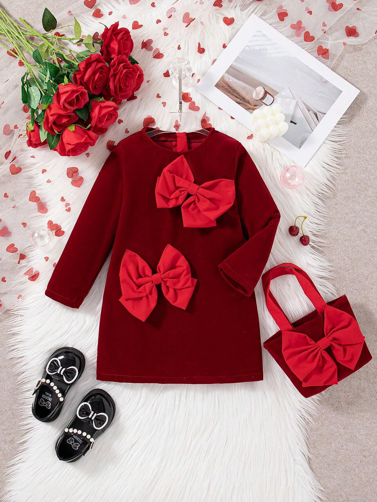 Girls Christmas & New Year Dress With Bow Decor And Hidden Back Zipper, With Free Handbag, Autumn/Winter