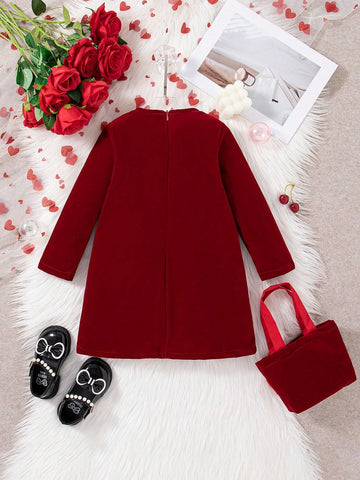 Girls Christmas & New Year Dress With Bow Decor And Hidden Back Zipper, With Free Handbag, Autumn/Winter