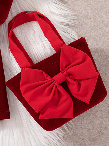 Girls Christmas & New Year Dress With Bow Decor And Hidden Back Zipper, With Free Handbag, Autumn/Winter