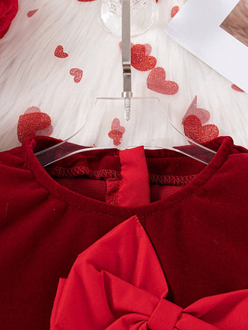 Girls Christmas & New Year Dress With Bow Decor And Hidden Back Zipper, With Free Handbag, Autumn/Winter