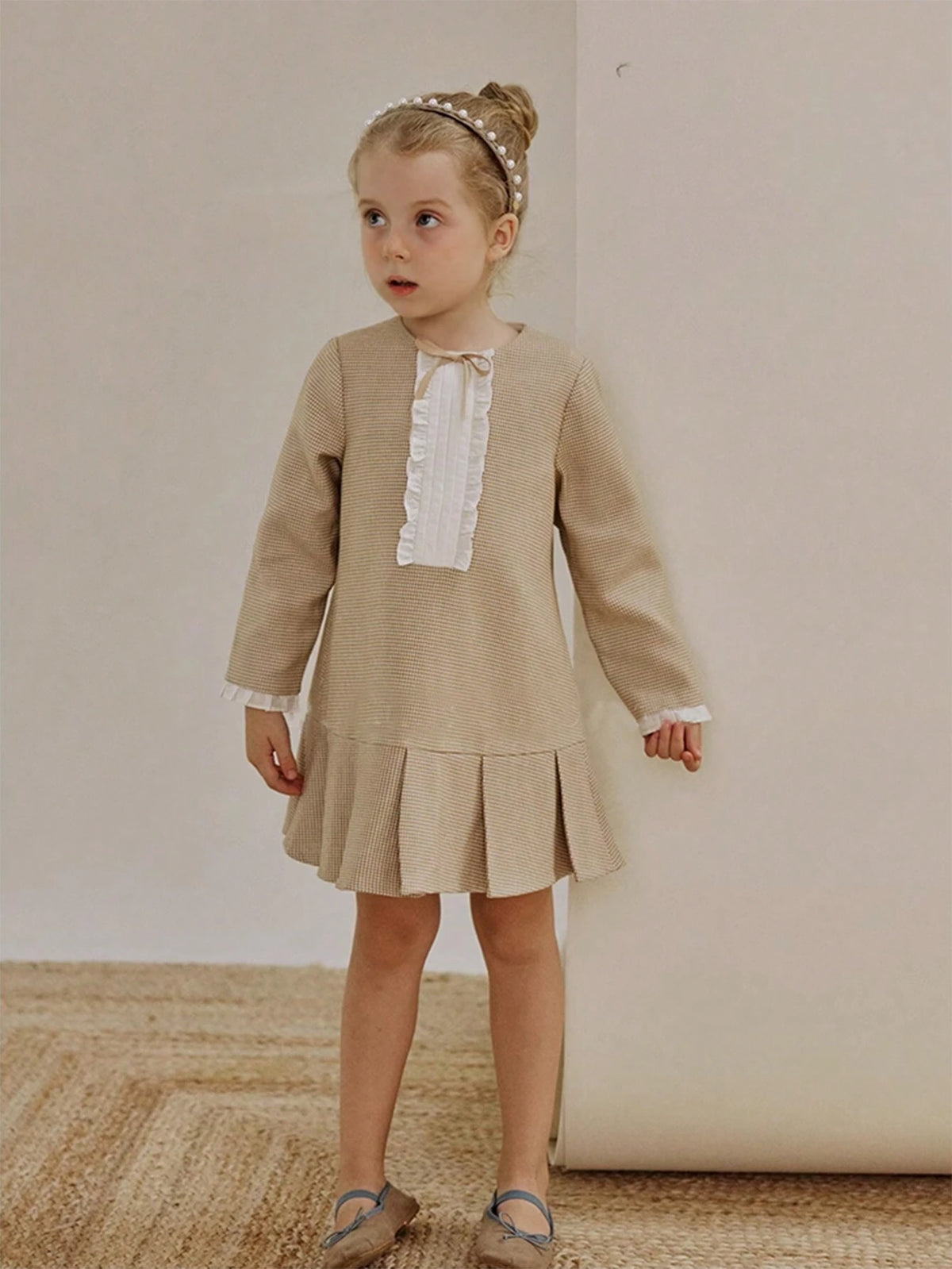 Girls Classic Houndstooth Pleated Dress, Retro French Style Party Princess Dress, Autumn/Winter