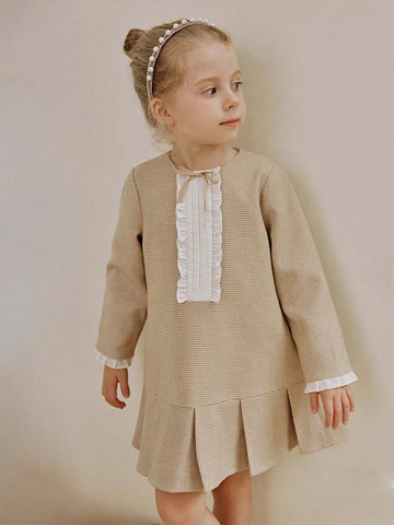 Girls Classic Houndstooth Pleated Dress, Retro French Style Party Princess Dress, Autumn/Winter